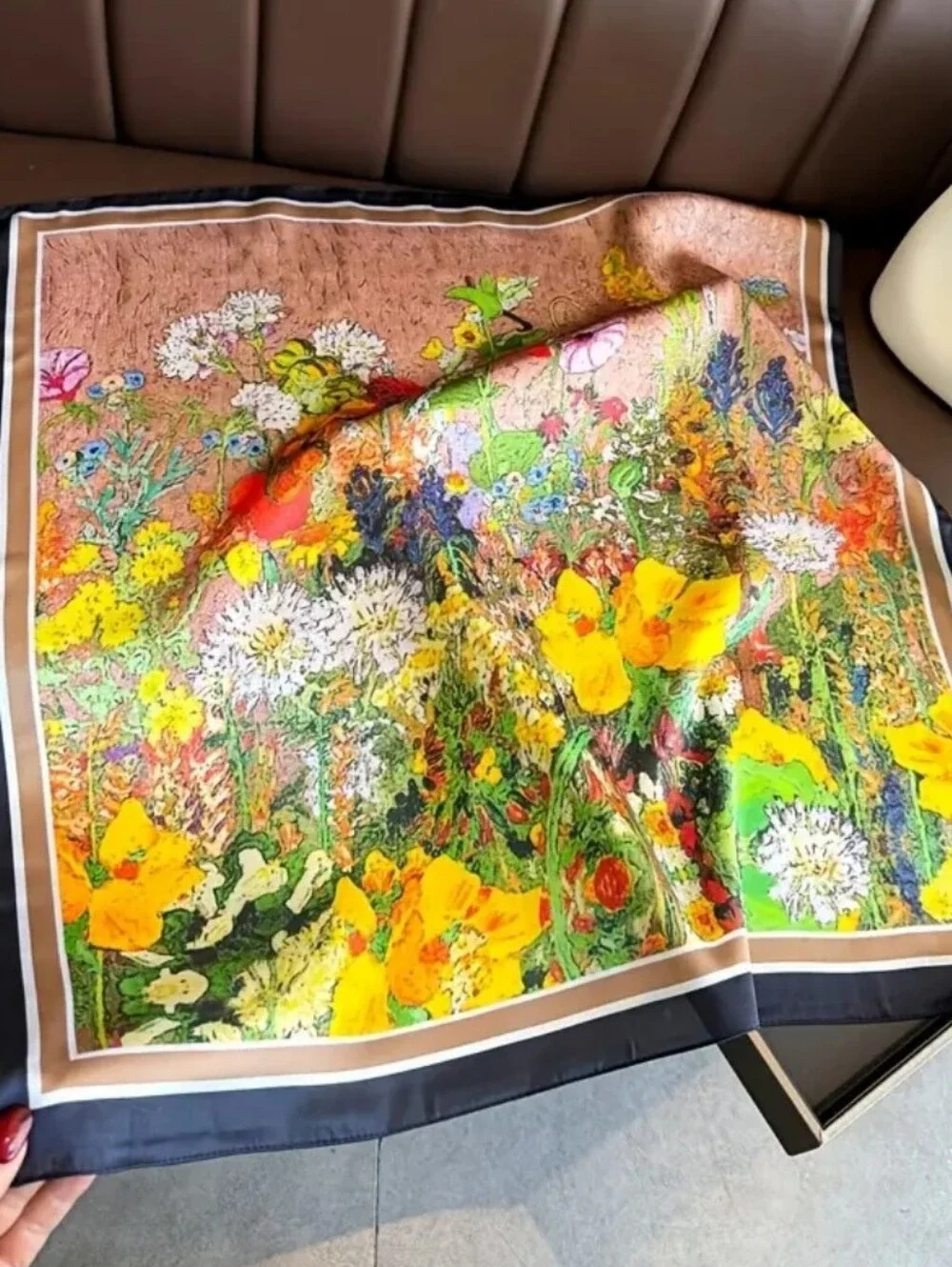 Floral Silk-Look Square Scarf in Yellow & Green